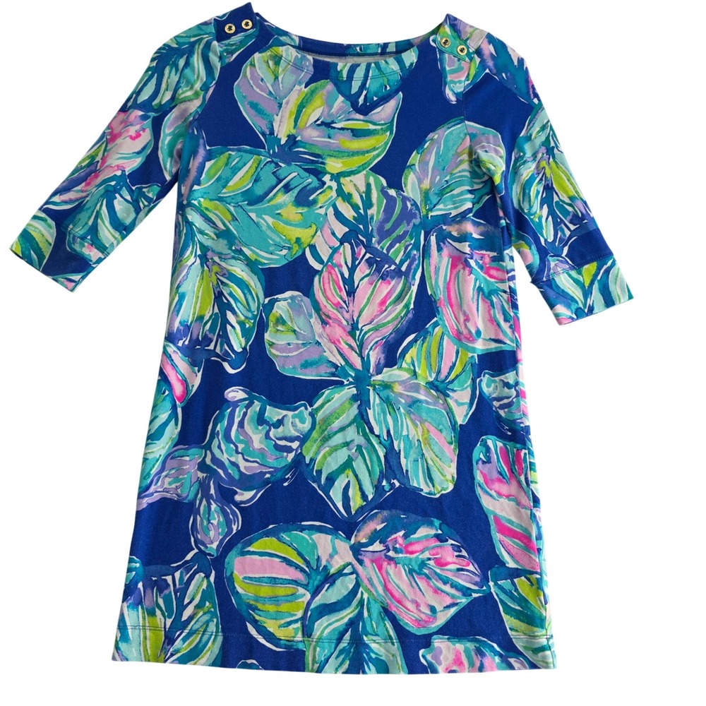 Lilly Pulitzer Girls Blue Tropical Leaf Print Boatneck Shift Dress Size L‎ 8-10